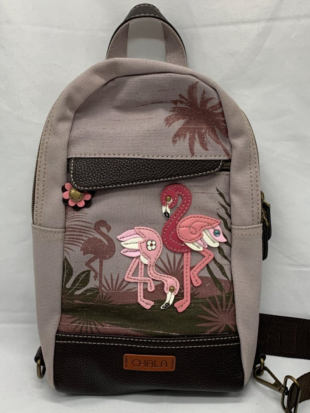 Chala Flamingo Crossbody Mini Backpack Vegan Leather RFID Protected Gray & Brown